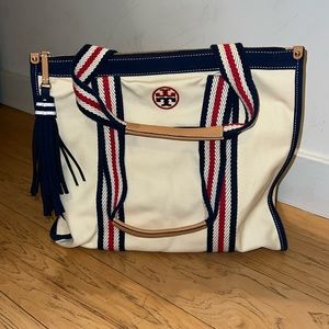 Tory Burch Large Canvas Tote Natural Cream with red white and blue trim